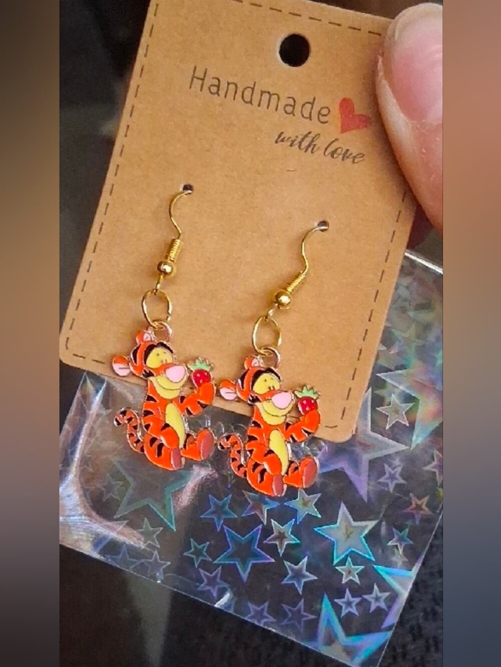 $8 Each Or Bundle 5/$20 Handmade Orange Baby Tigger Holding Strawberry Earrings